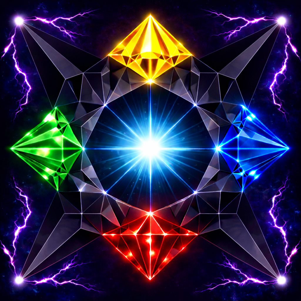 Chromatic geometric composition with red, blue, green, and gold vertices