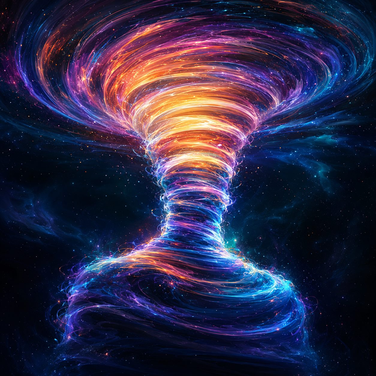 Colorful luminous vortex rising through a star field
