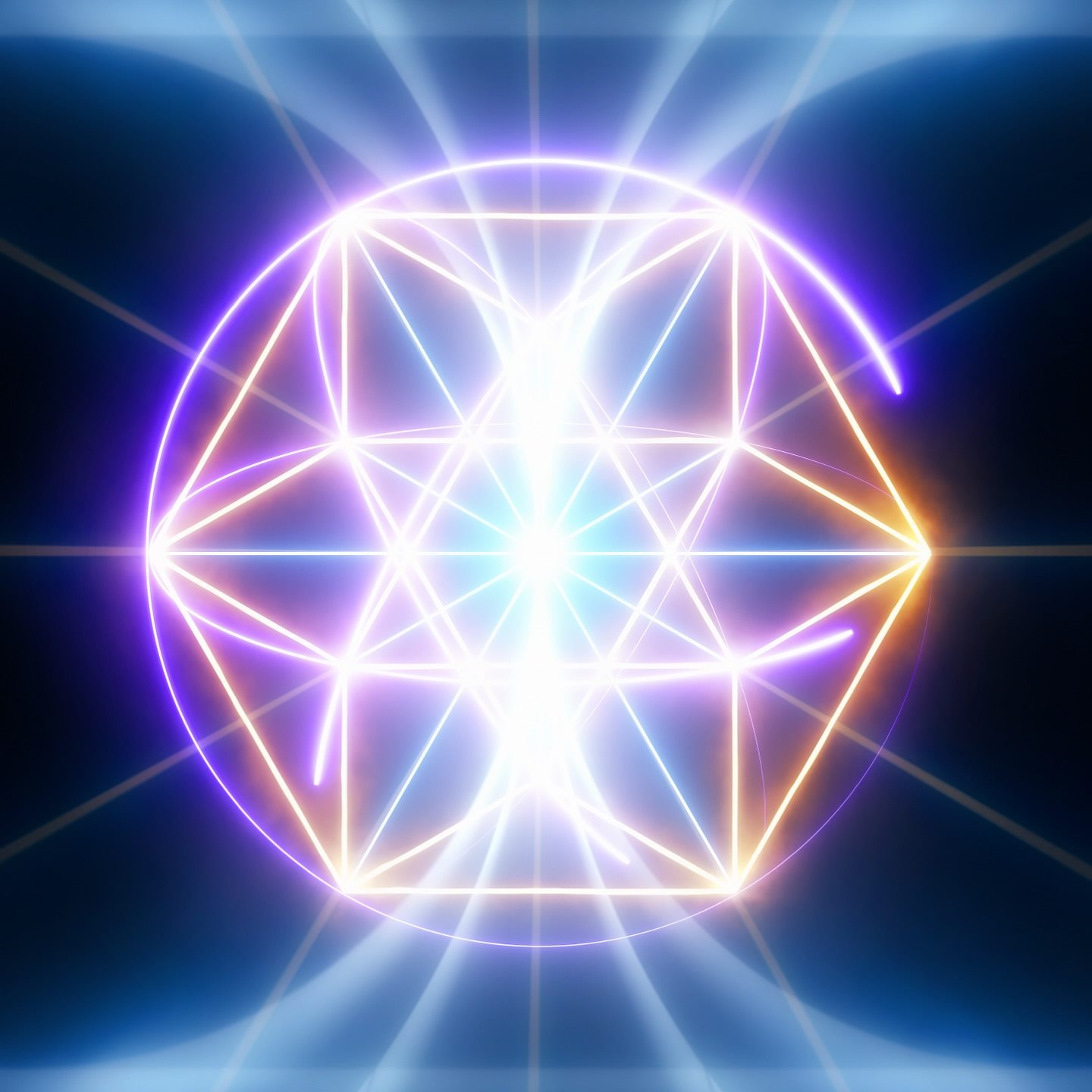 Glowing geometric lattice in blue, violet, and gold light