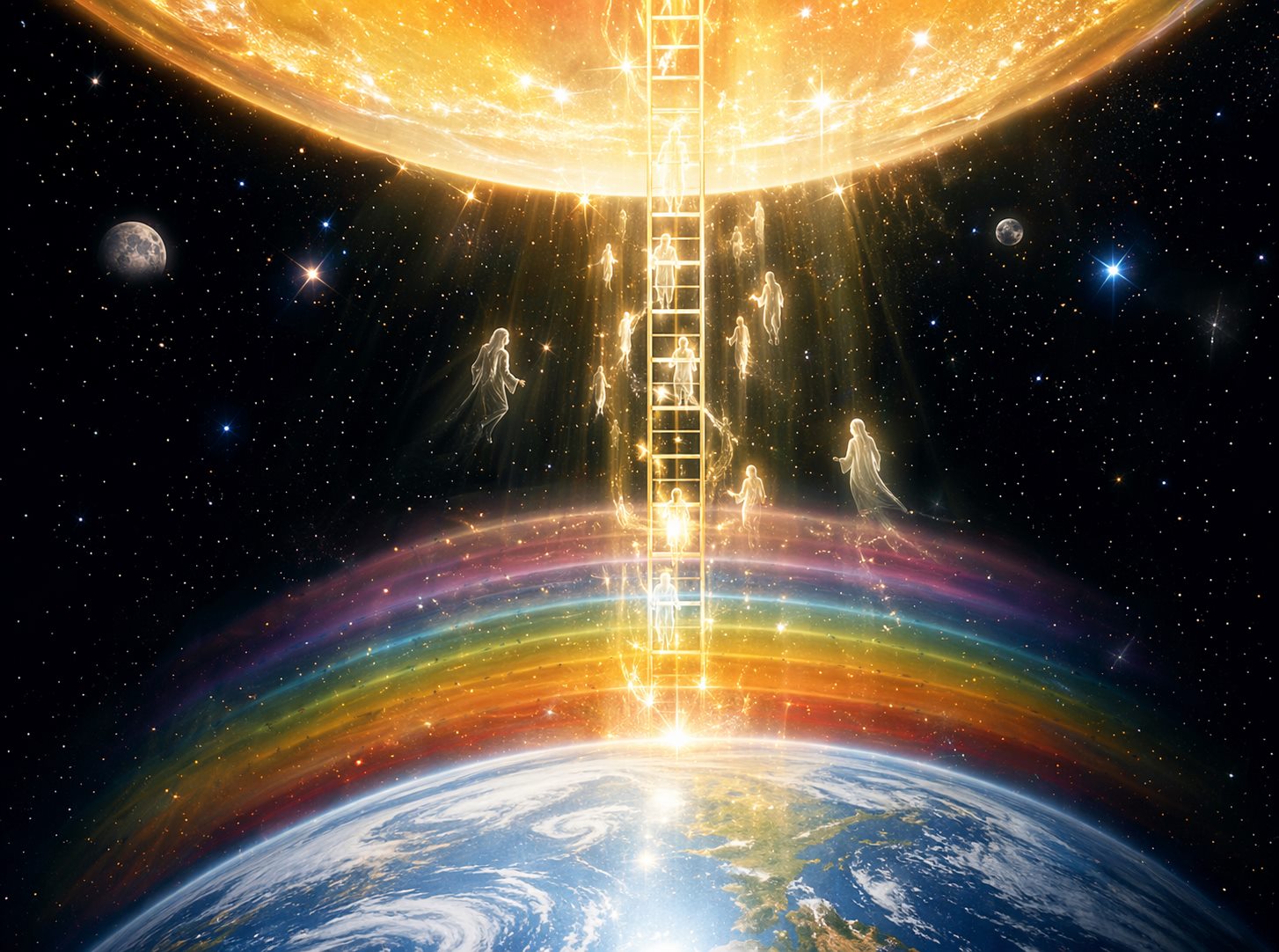Luminous ladder rising from Earth toward a golden celestial field
