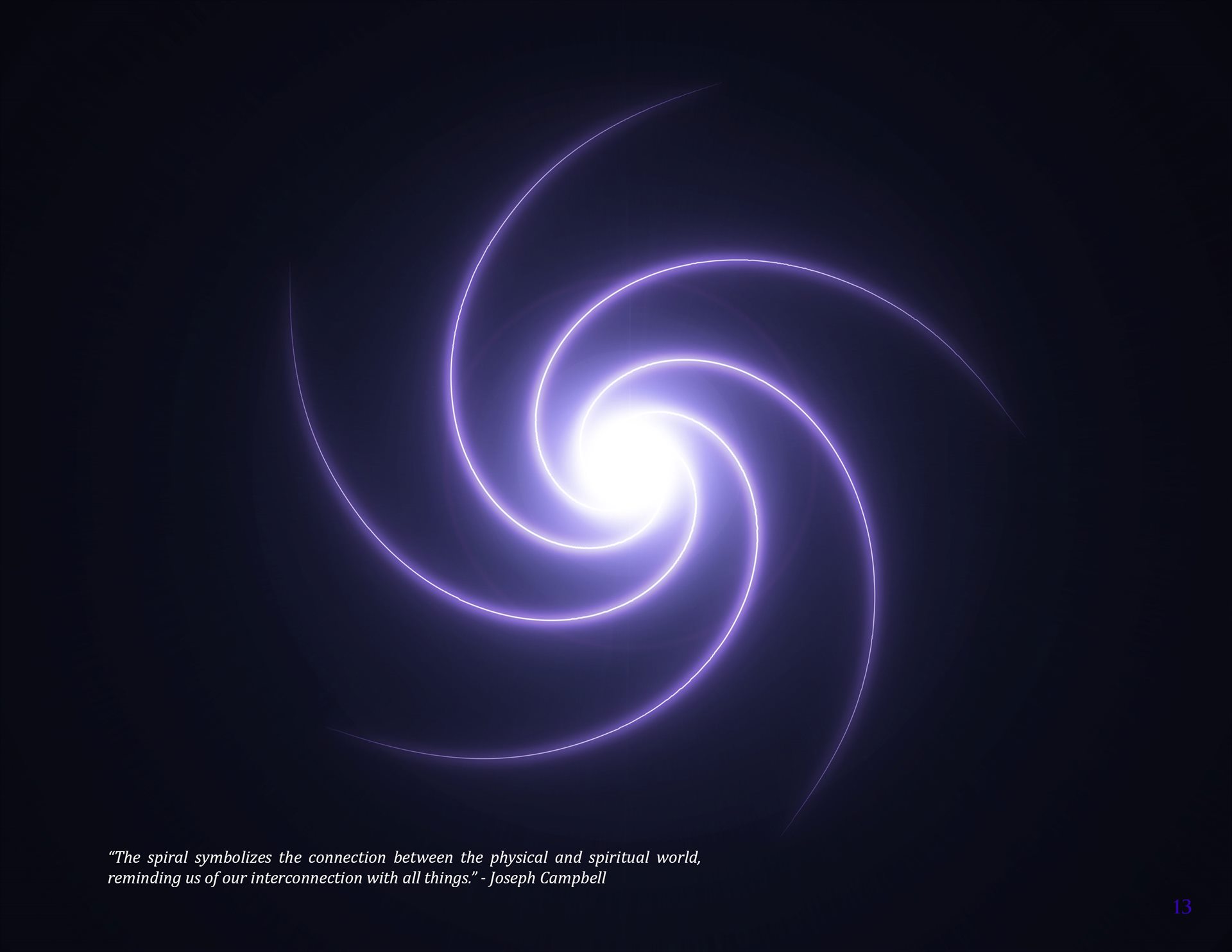 Violet luminous spiral on a dark field with an embedded quotation