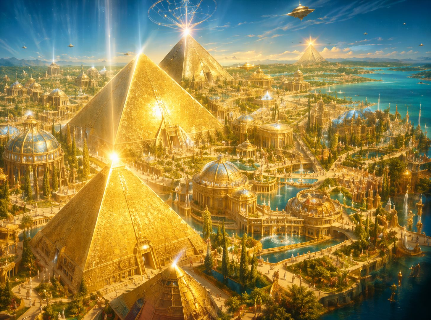 Visionary golden city of pyramids, domes, water, and radiant light