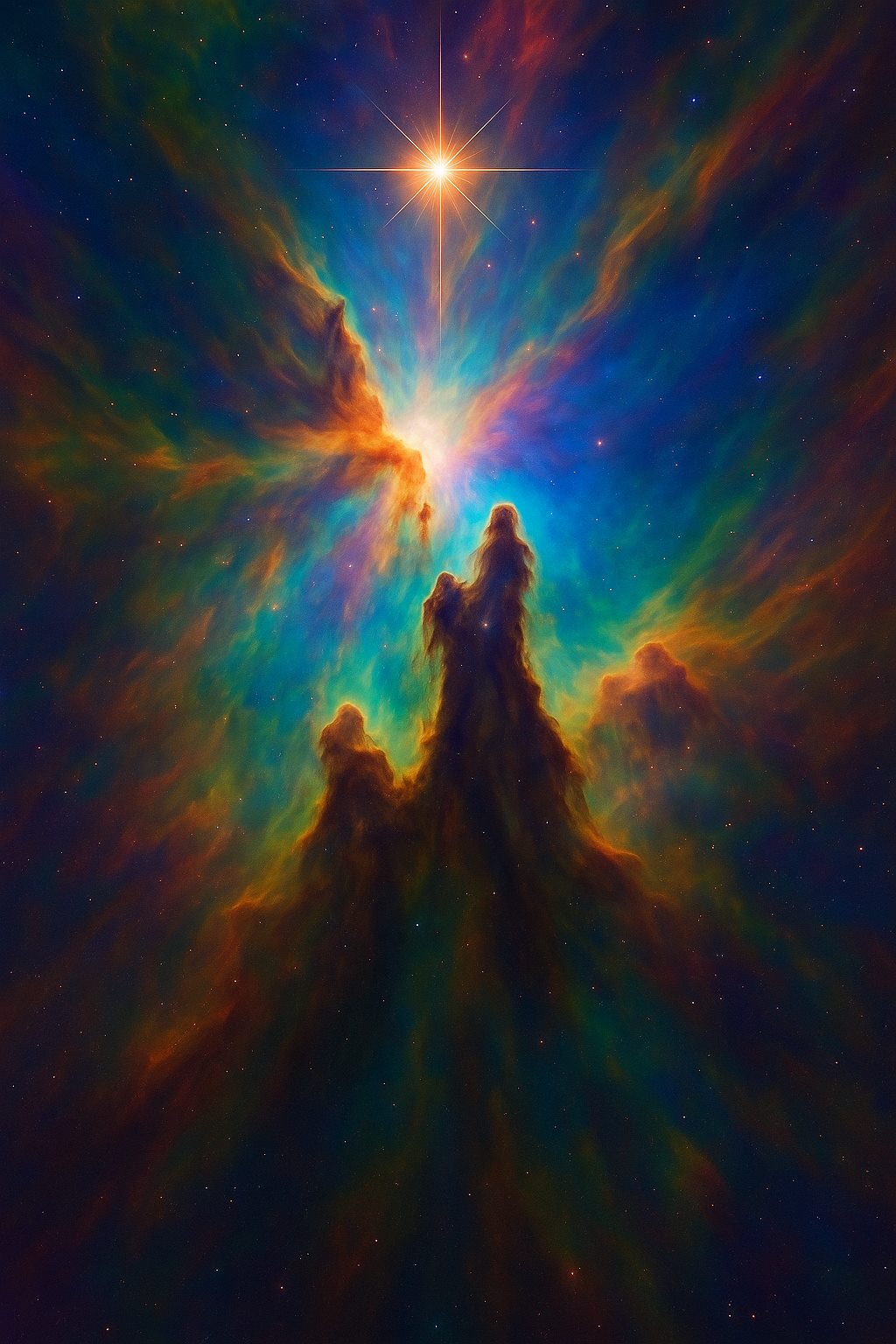 Colorful nebula rising toward a radiant star