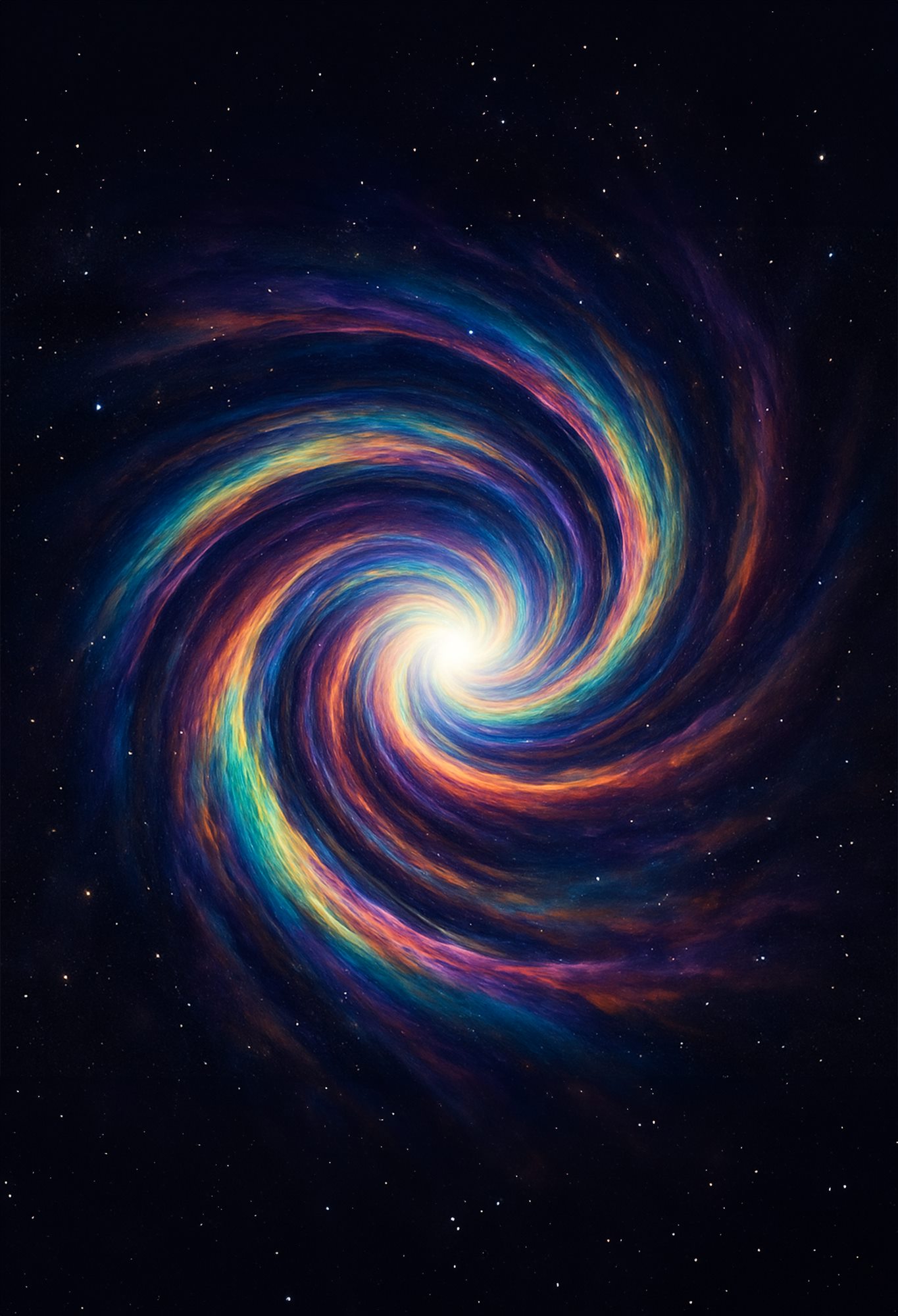 Multicolored spiral galaxy turning through a dark star field