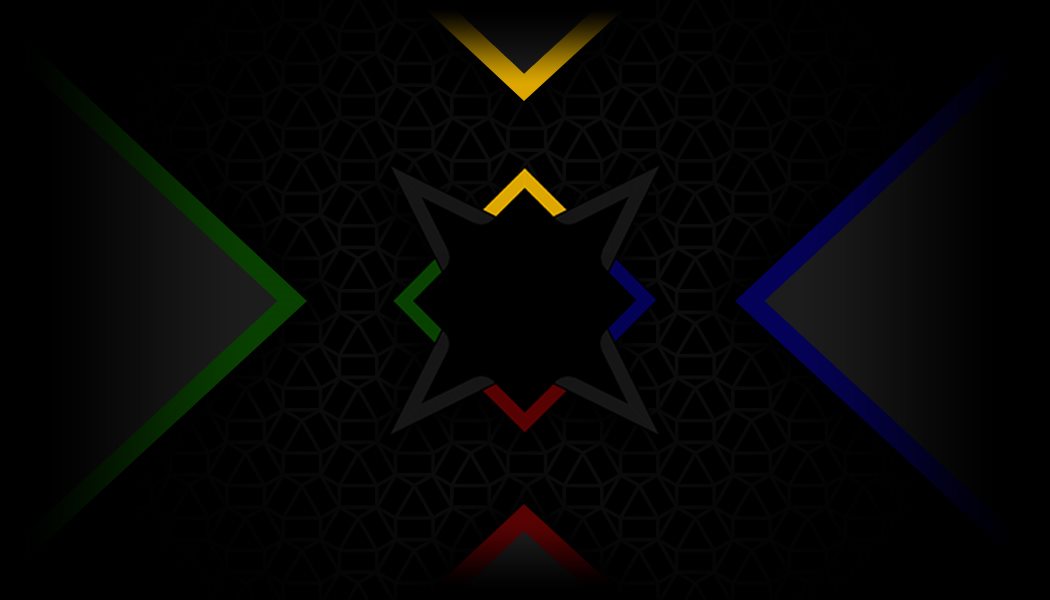 Black Nagy Design identity composition with red, blue, green, and gold geometry