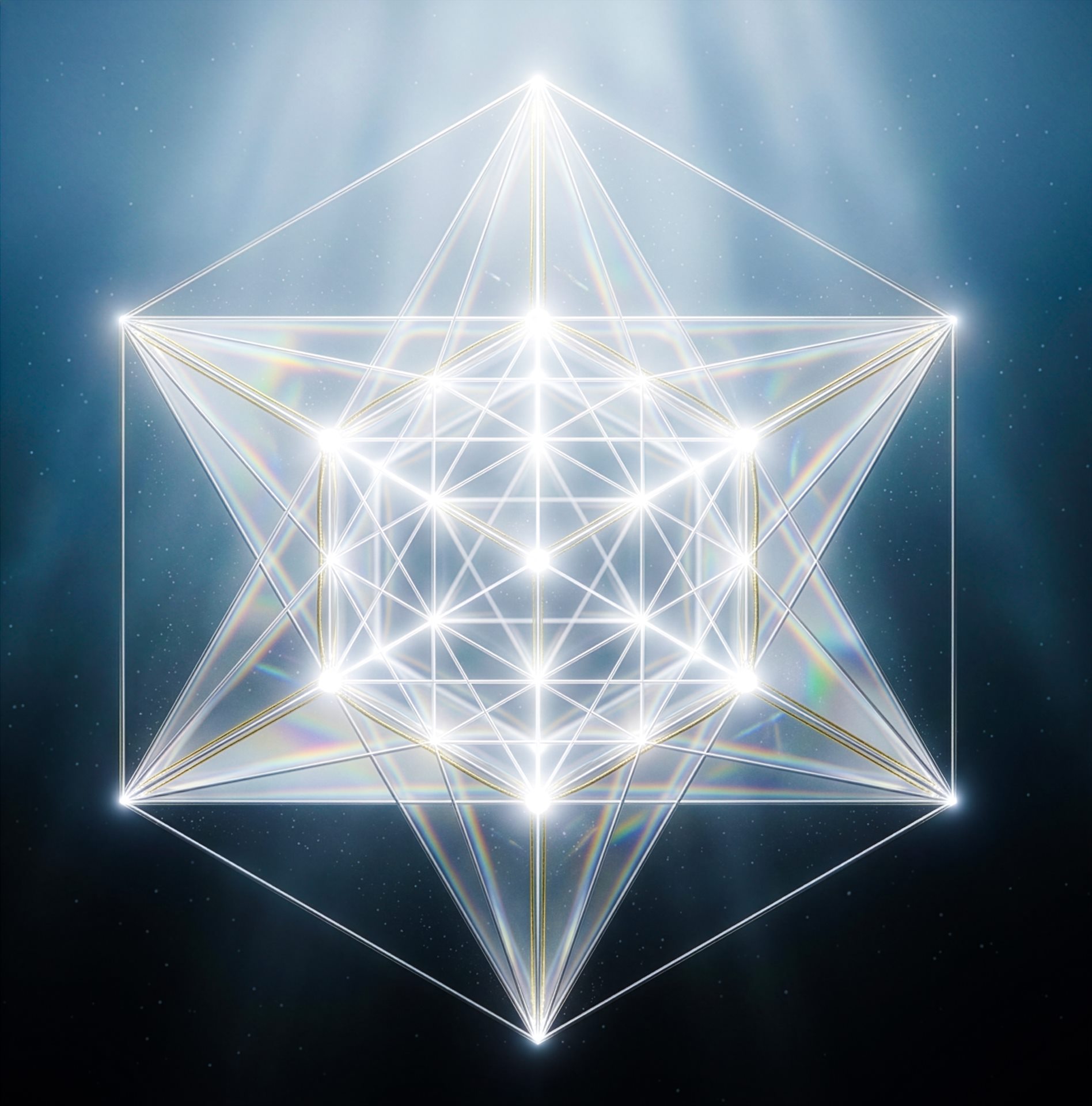 Luminous white vector-equilibrium geometry suspended in a blue field